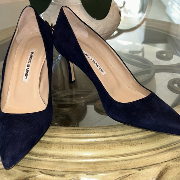 MANOLO BLAHNIK Navy Blue Suede BB Stiletto High Heels Pumps - Picture 2 of 7